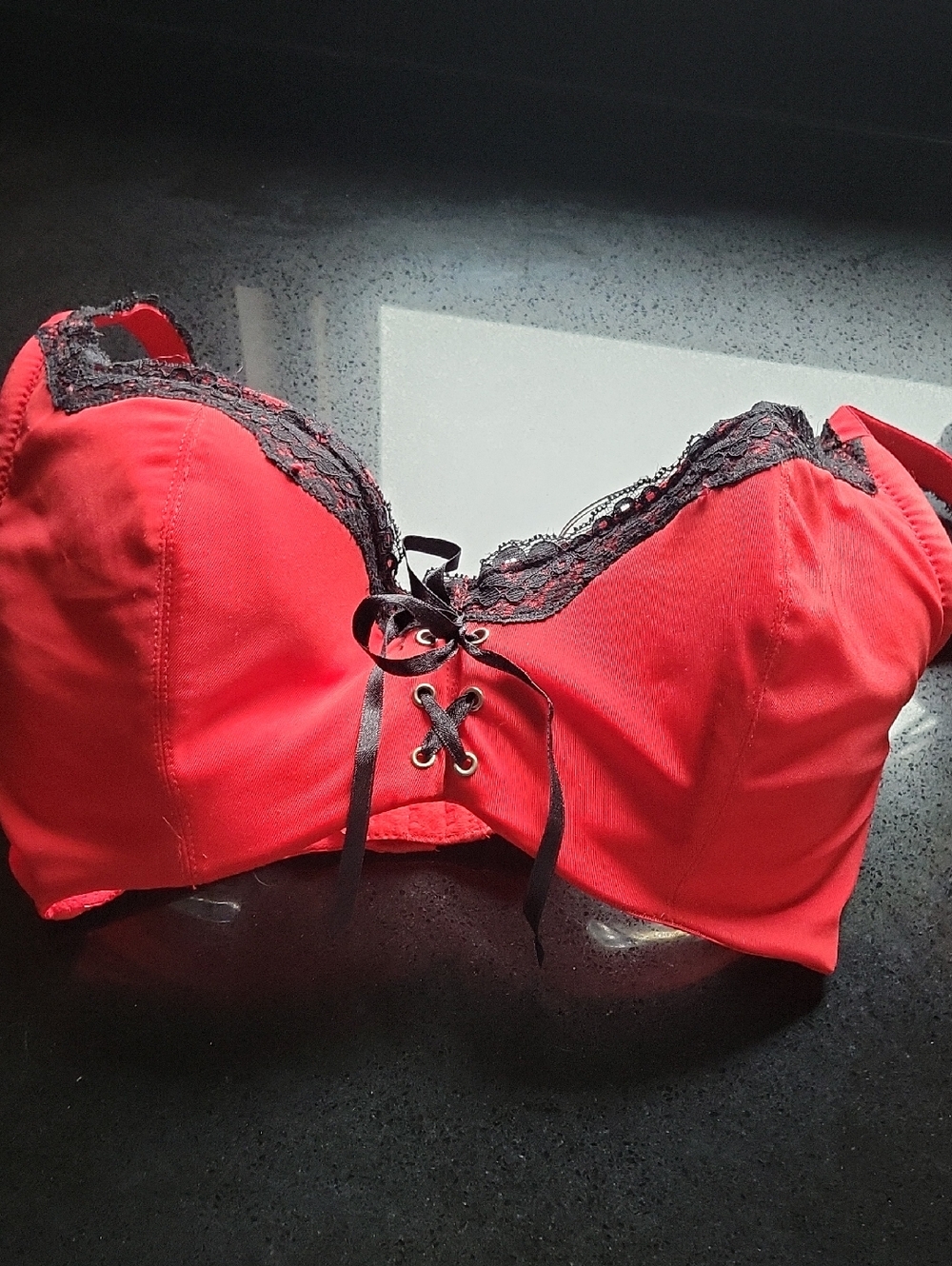Frederick's of Hollywood Red Bra with Black Lace & Ribbon Detail